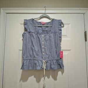 NWT SIMPLY SOUTHERN Blue Chambray Ruffle Smocked Top Women's Size Large
